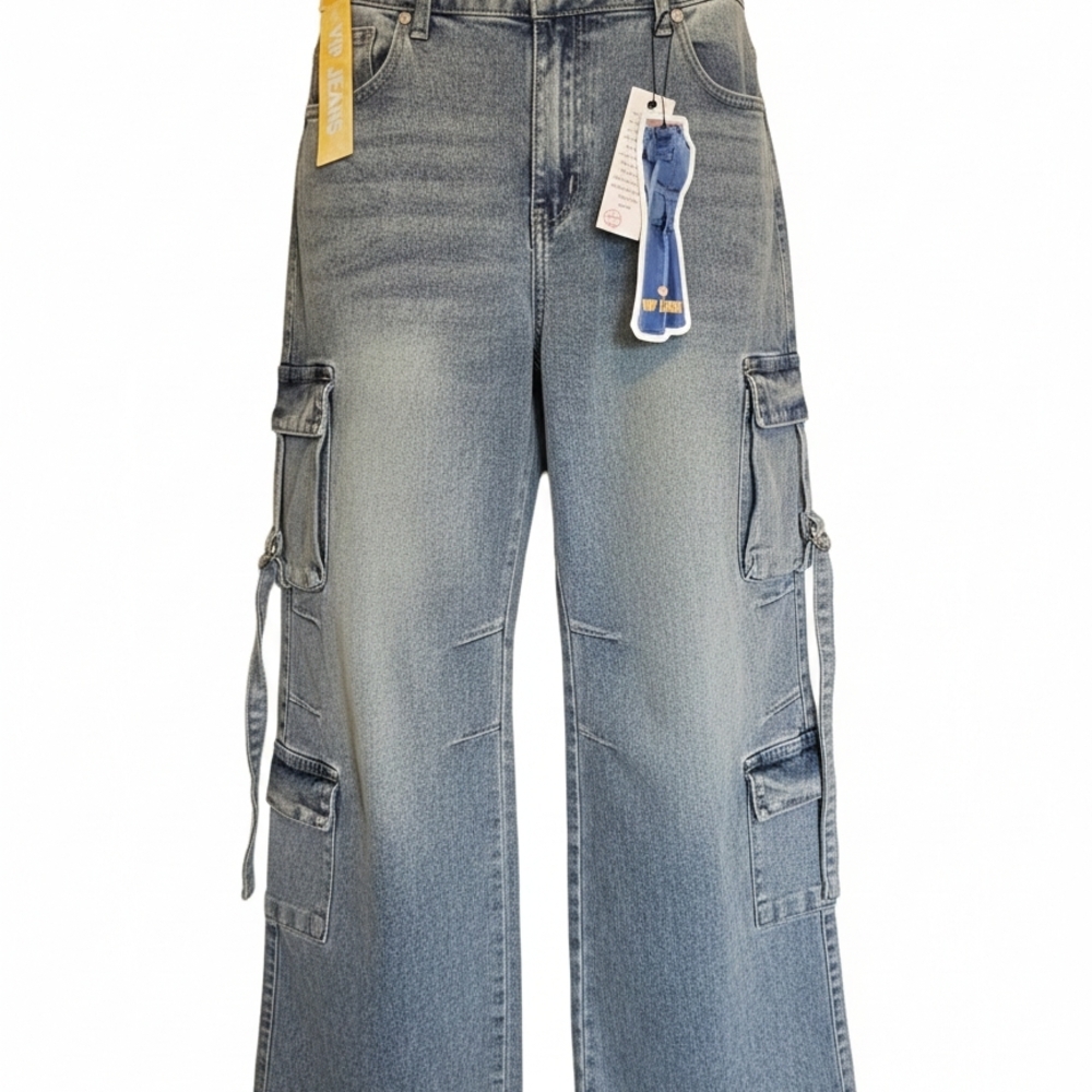VIP Wide Leg Flare Cargo Jeans - Light Blue Wash